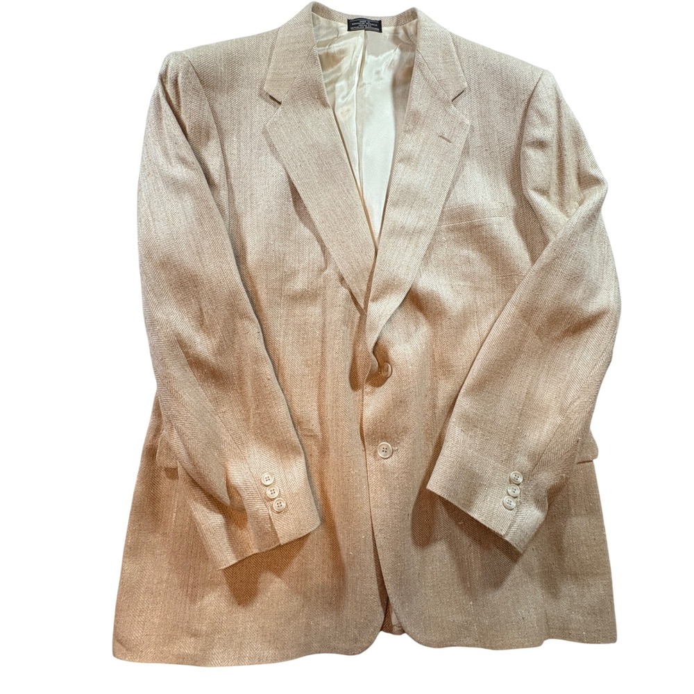 Towncraft Mens 46L Blazer 100% Matka Silk Herringbone Beige 2 Button Jacket Long